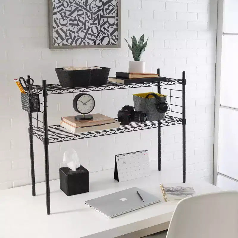 Estantería Etagere de acero con estantes ajustables, color negro, estantería vertical de 2 baldas, marco de acero pequeño, 71 cm de alto, 91 cm de ancho