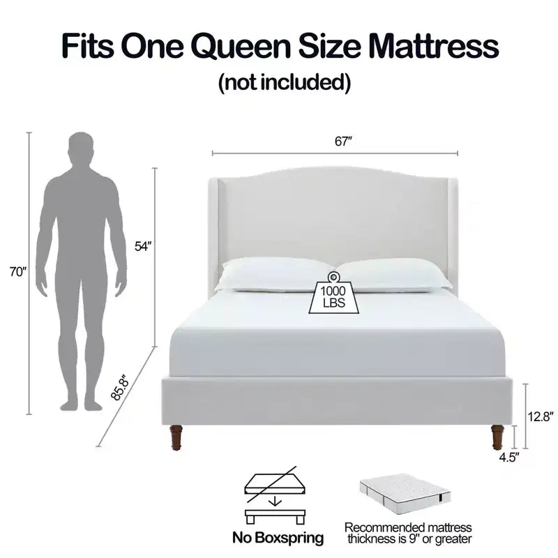 Base de cama tamaño queen de 54" con cabecero tapizado con alas, cama con plataforma de chenilla