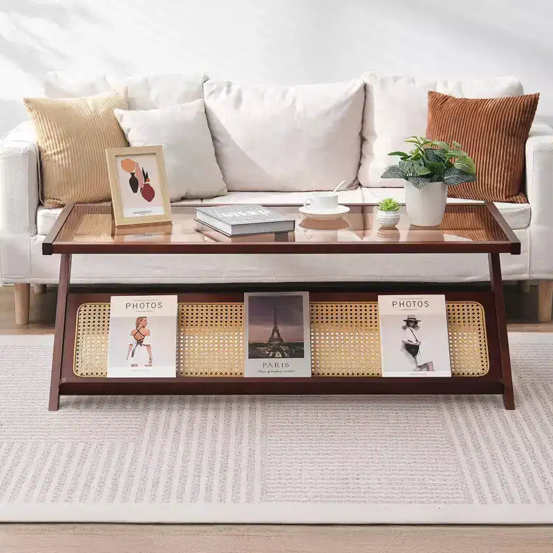 Mesa de centro de ratán, bambú tejido con ratán en forma de Z