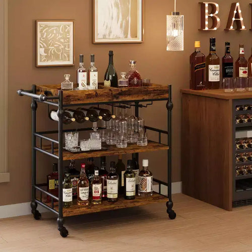 Bar Cart, Bar Carts for The Home, 3 Tier Serving Cart With Wheels, Home Bar & Serving Carts, Metal Rolling Cart With Wine Rack & Removable Tray