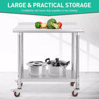 Mesa de acero inoxidable, mesa de preparación comercial de metal de alta resistencia con estantes de almacenamiento abiertos para cocinas de restaurantes, hogares, hoteles, preparación de alimentos