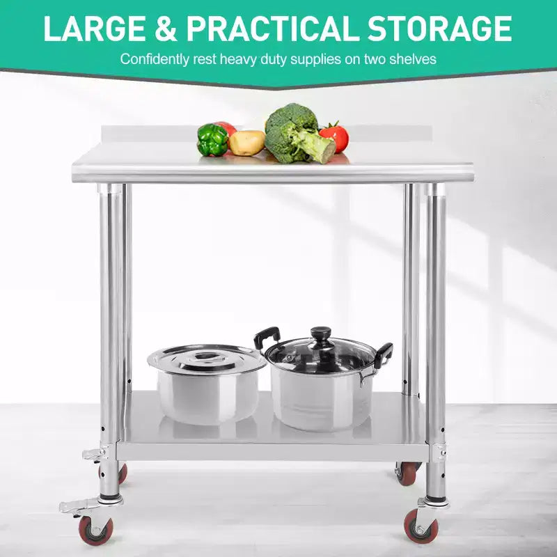 Mesa de acero inoxidable, mesa de preparación comercial de metal de alta resistencia con estantes de almacenamiento abiertos para cocinas de restaurantes, hogares, hoteles, preparación de alimentos