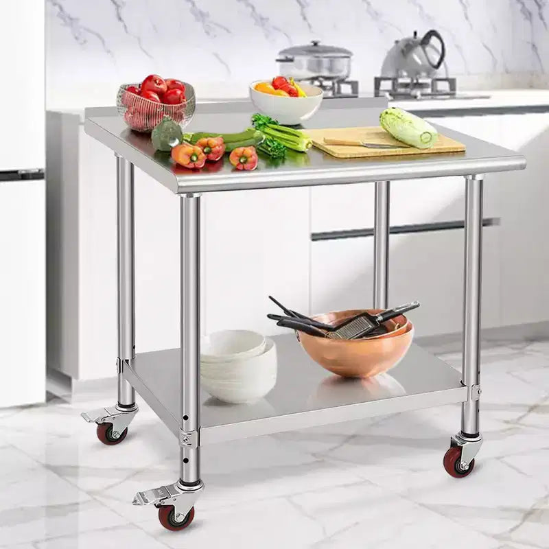 Mesa de acero inoxidable, mesa de preparación comercial de metal de alta resistencia con estantes de almacenamiento abiertos para cocinas de restaurantes, hogares, hoteles, preparación de alimentos