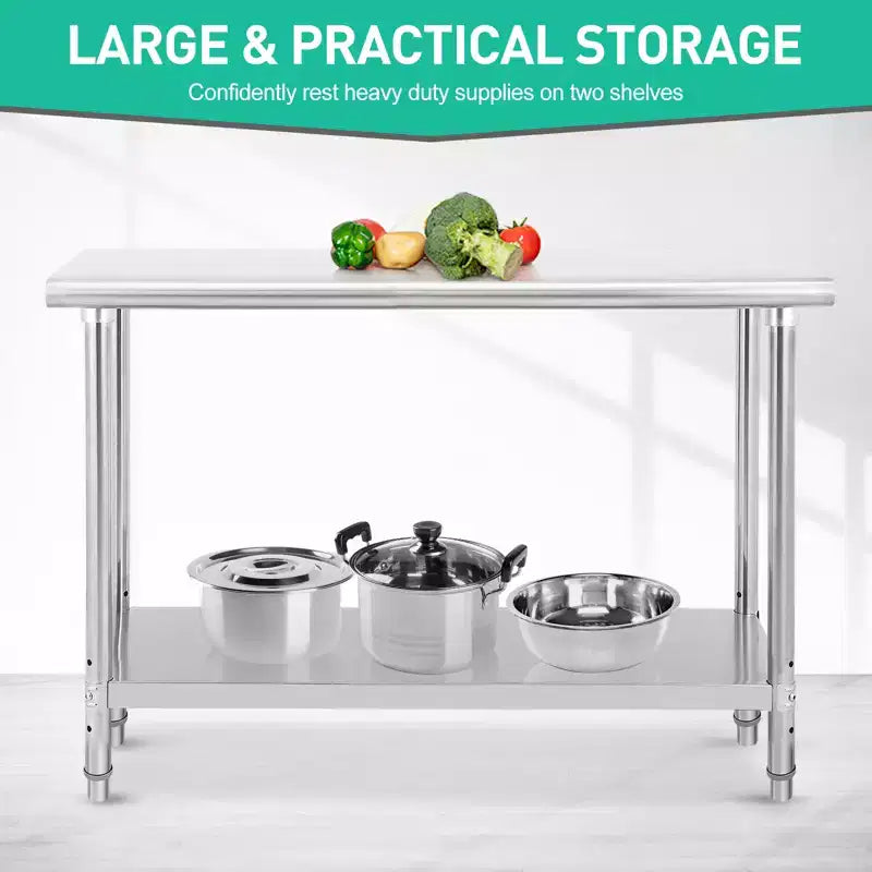 Mesa de acero inoxidable, mesa de preparación comercial de metal de alta resistencia con estantes de almacenamiento abiertos para cocinas de restaurantes, hogares, hoteles, preparación de alimentos