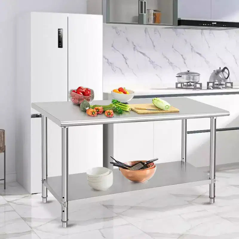 Mesa de acero inoxidable, mesa de preparación comercial de metal de alta resistencia con estantes de almacenamiento abiertos para cocinas de restaurantes, hogares, hoteles, preparación de alimentos