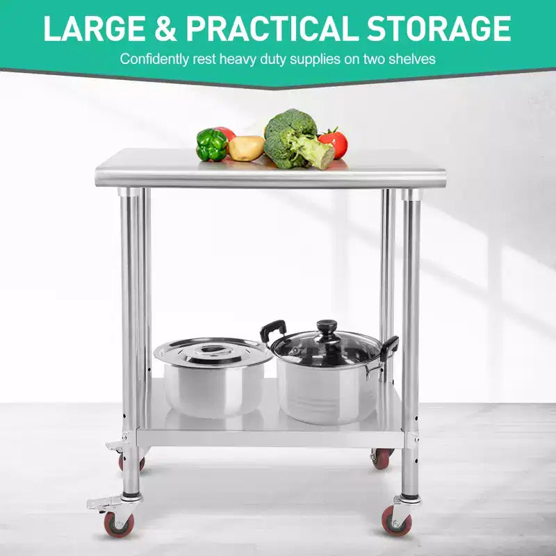 Mesa de acero inoxidable, mesa de preparación comercial de metal de alta resistencia con estantes de almacenamiento abiertos para cocinas de restaurantes, hogares, hoteles, preparación de alimentos