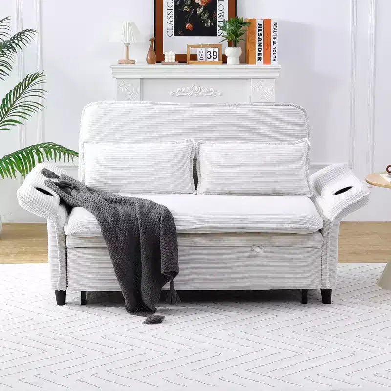 Sofá cama multifuncional de dos plazas con diseño de letras a rayas en tela beige