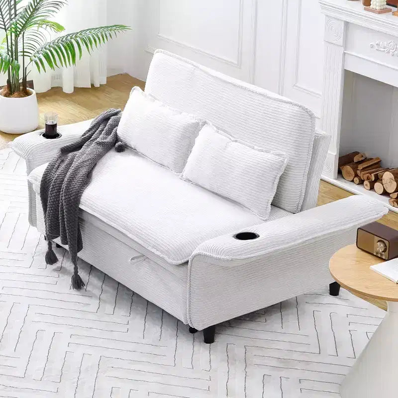 Sofá cama multifuncional de dos plazas con diseño de letras a rayas en tela beige