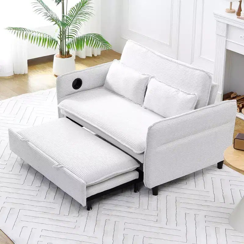Sofá cama multifuncional de dos plazas con diseño de letras a rayas en tela beige