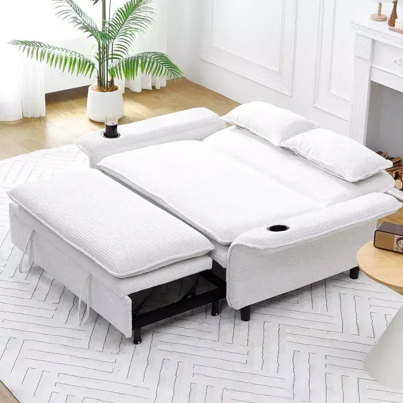 Sofá cama multifuncional de dos plazas con diseño de letras a rayas en tela beige