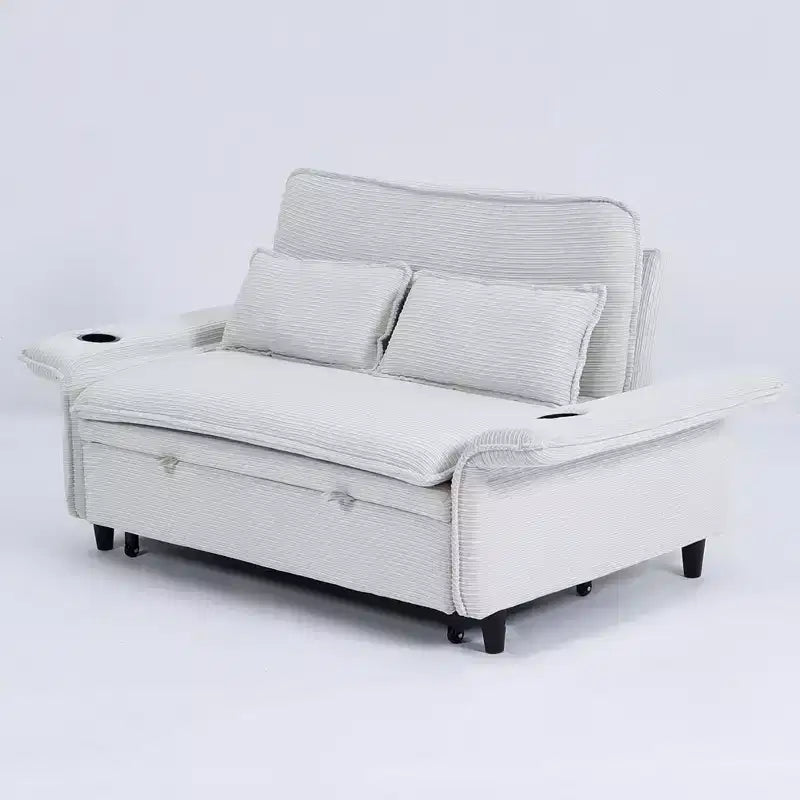 Sofá cama multifuncional de dos plazas con diseño de letras a rayas en tela beige