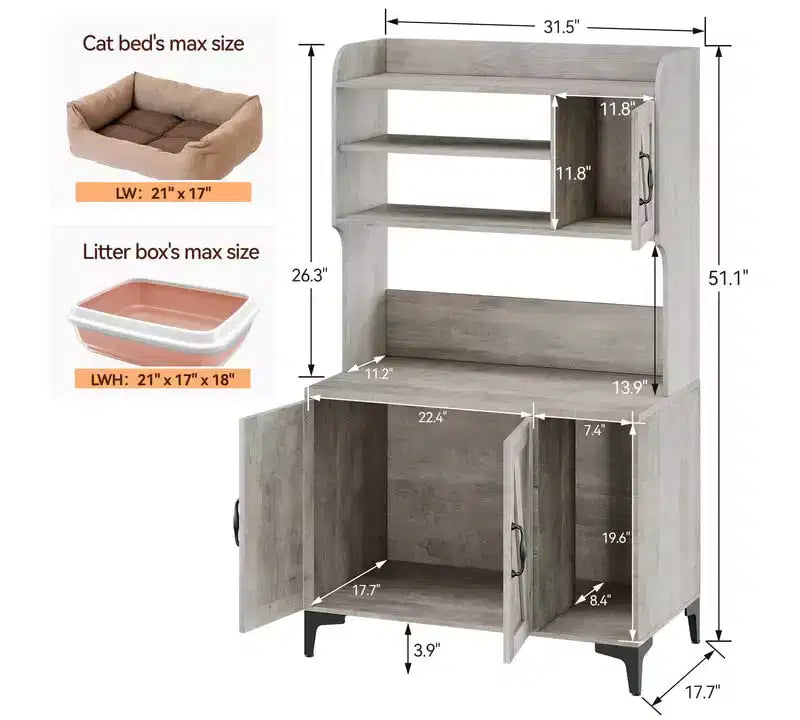 Caja de arena de madera de tres puertas con arenero oculto y estantes de almacenamiento, apta para la mayoría de los areneros.