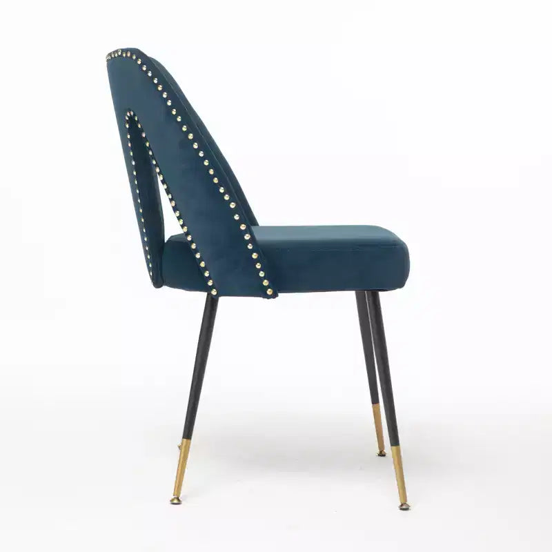 Silla de comedor moderna contemporánea de terciopelo - Tachuelas, patas de metal negro con puntas doradas