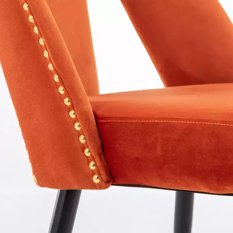Silla de comedor moderna contemporánea de terciopelo - Tachuelas, patas de metal negro con puntas doradas