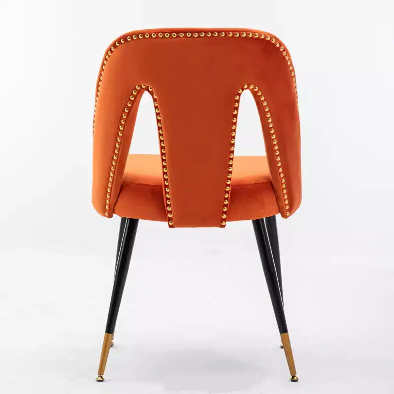 Silla de comedor moderna contemporánea de terciopelo - Tachuelas, patas de metal negro con puntas doradas