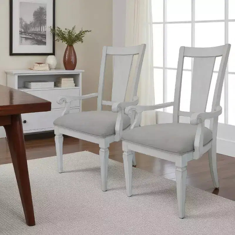 Sillones de comedor tapizados en lino gris claro y blanco, paquete de 2