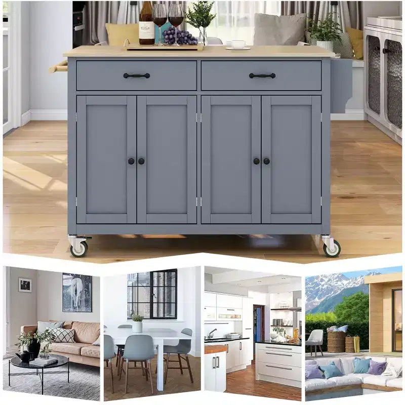 Isla de cocina con encimera de madera y ruedas con freno