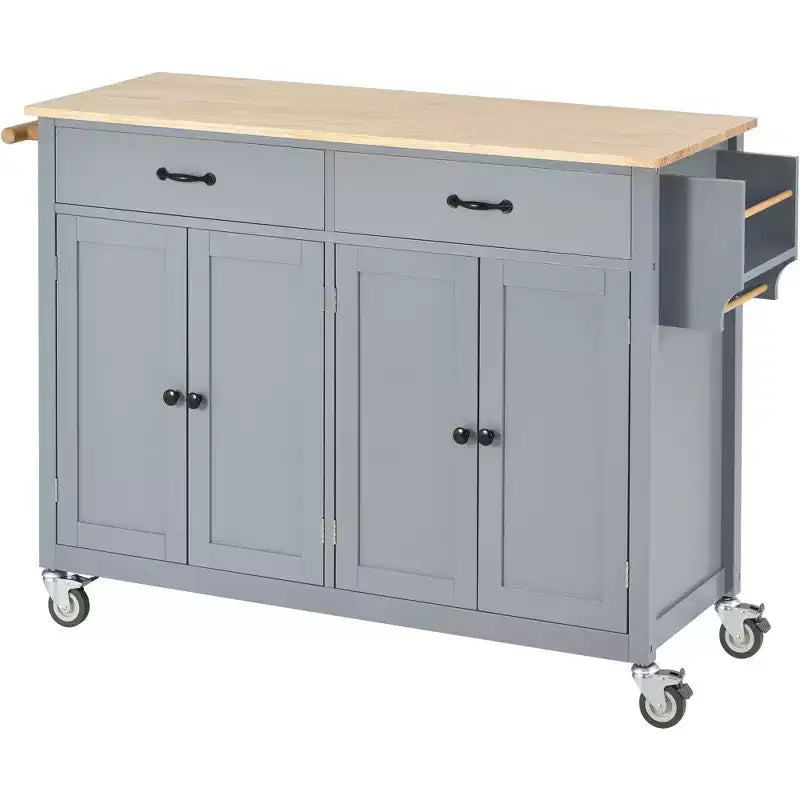 Isla de cocina con encimera de madera y ruedas con freno