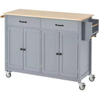 Isla de cocina con encimera de madera y ruedas con freno
