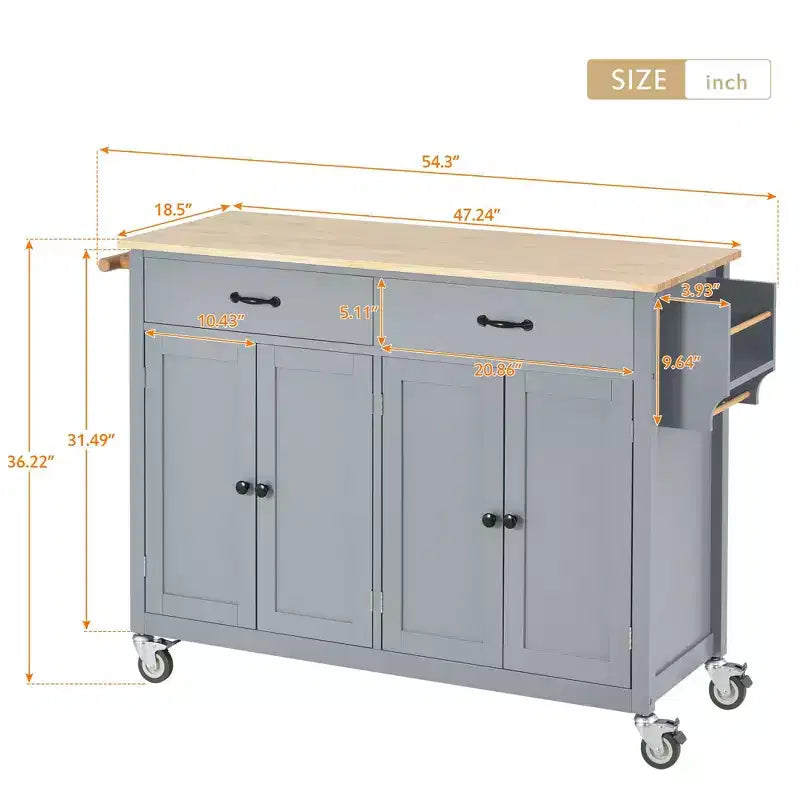 Isla de cocina con encimera de madera y ruedas con freno