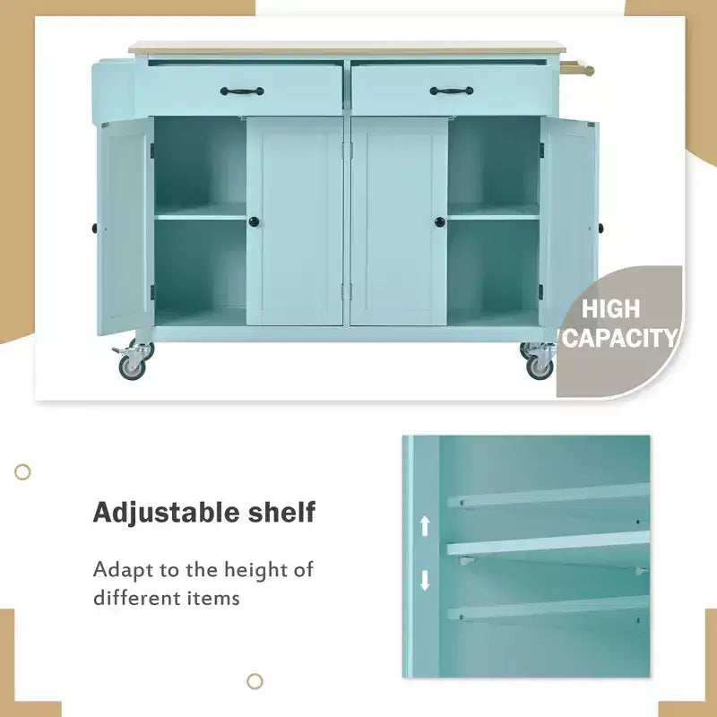 Isla de cocina con encimera de madera y ruedas con freno