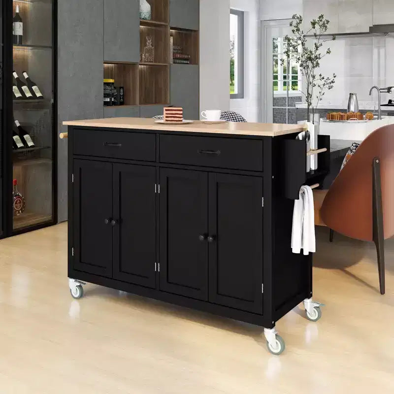 Isla de cocina con encimera de madera y ruedas con freno