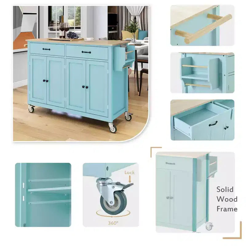 Isla de cocina con encimera de madera y ruedas con freno