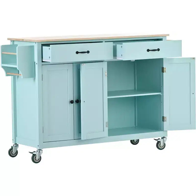 Isla de cocina con encimera de madera y ruedas con freno