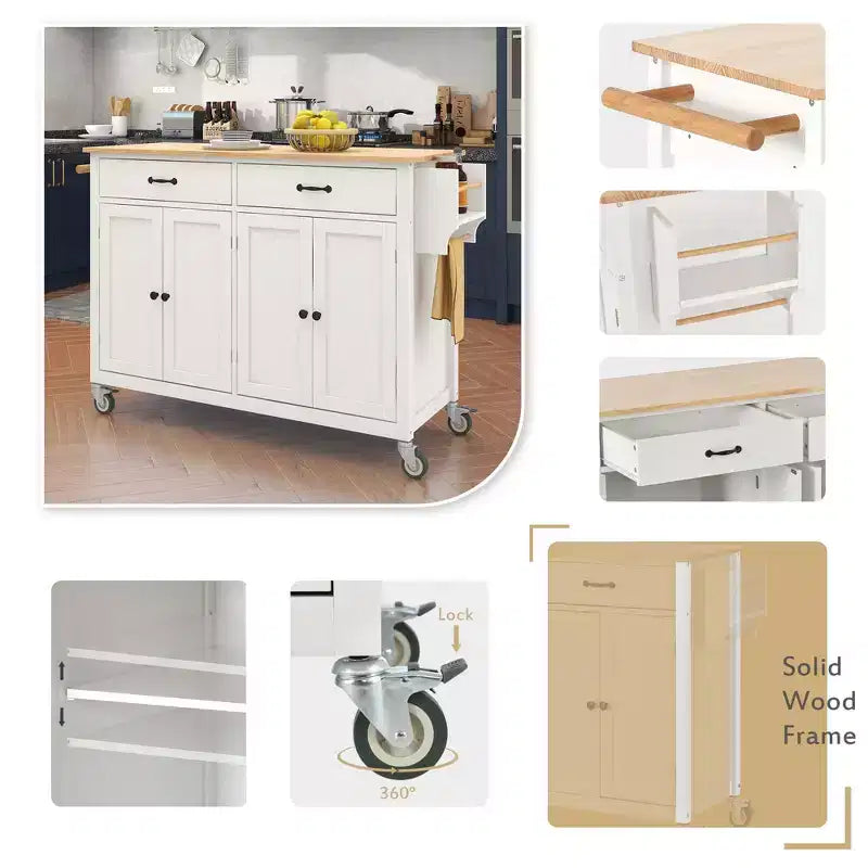 Isla de cocina con encimera de madera y ruedas con freno