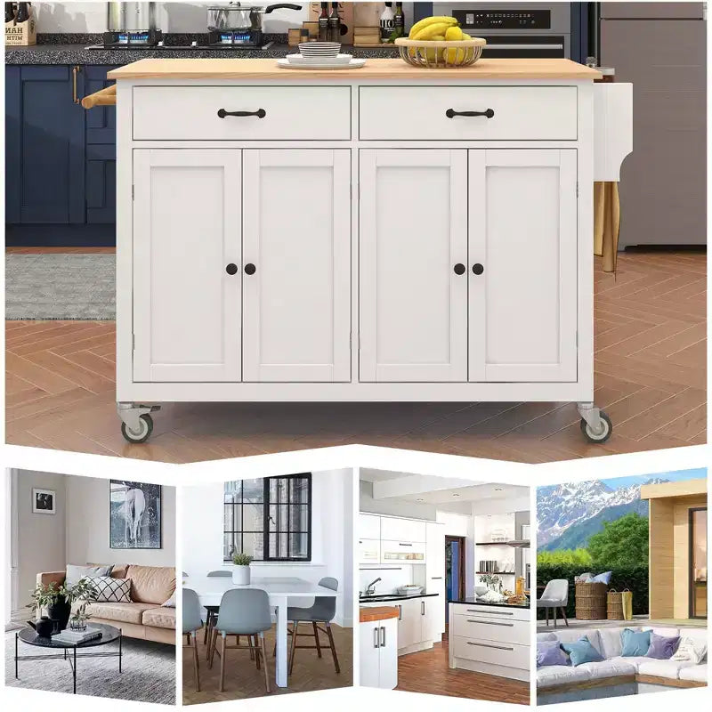 Isla de cocina con encimera de madera y ruedas con freno