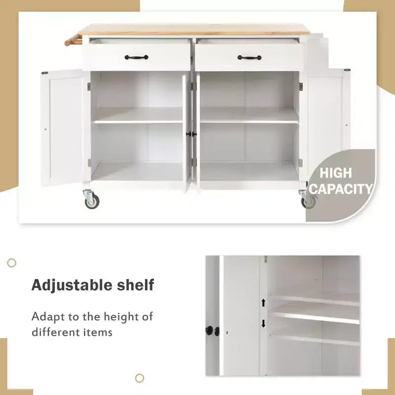 Isla de cocina con encimera de madera y ruedas con freno