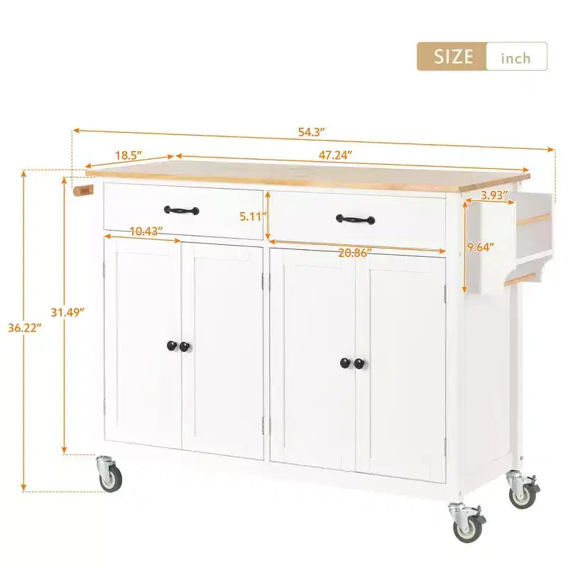 Isla de cocina con encimera de madera y ruedas con freno