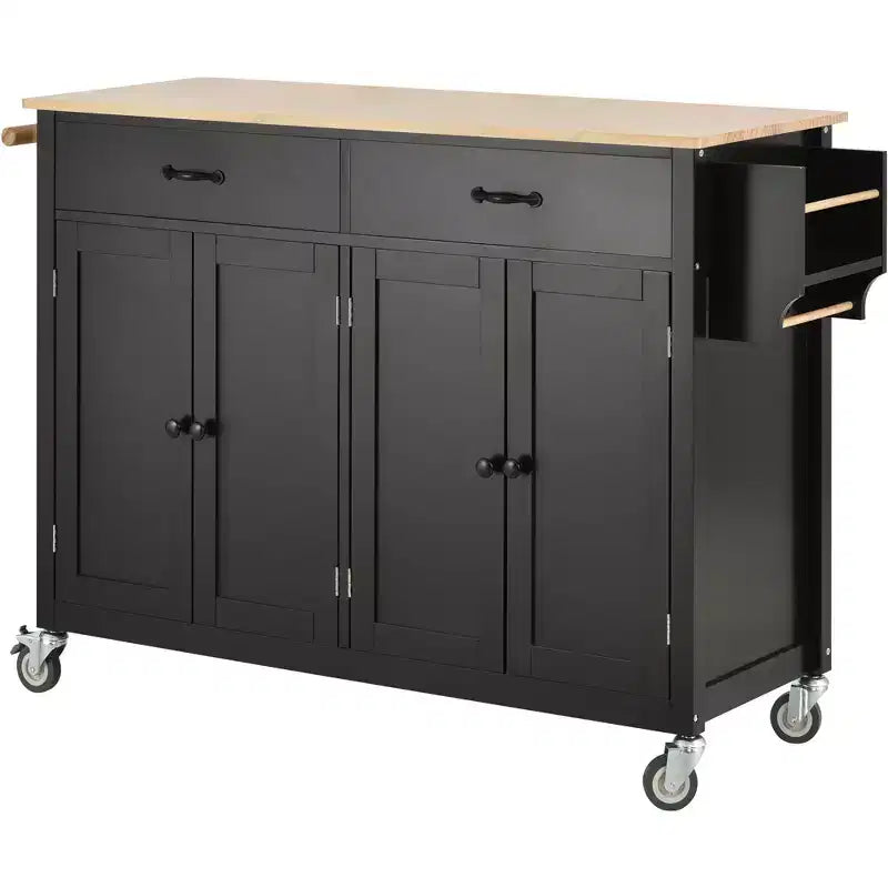 Isla de cocina con encimera de madera y ruedas con freno