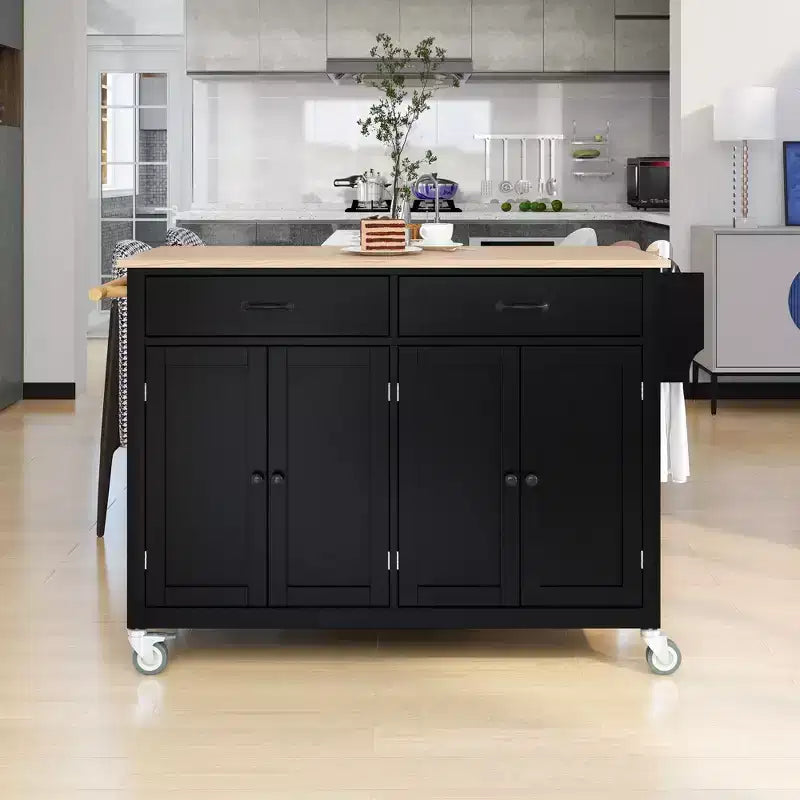 Isla de cocina con encimera de madera y ruedas con freno