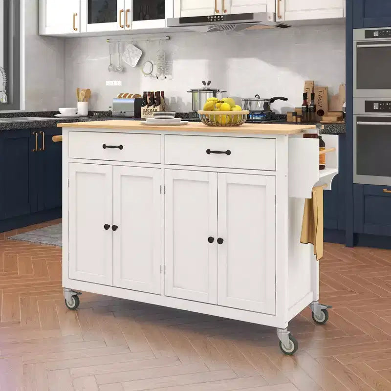Okak Kitchen Island with Wooden Tabletop and Lockable Wheels, Kitchen Cart with 4 Doors, Towel Rack, 2 Drawers and Spice Rack for Dining Room