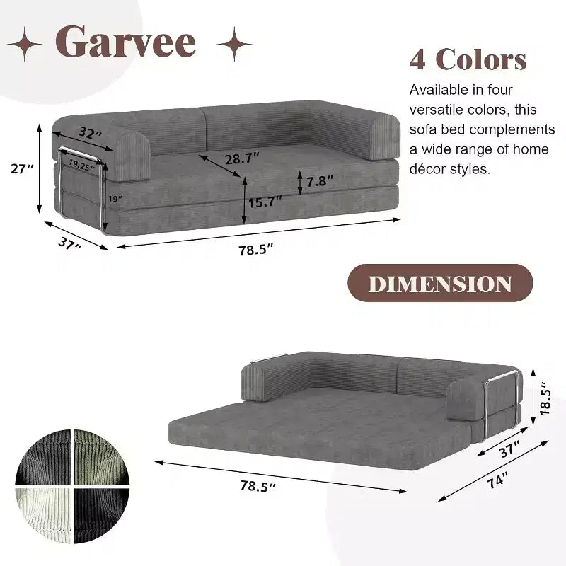 Sofá Cama Convertible de Pana, Colchón Plegable con Estructura de Forma Fija, Futón de 3 Plazas Tamaño King para Oficina en Casa