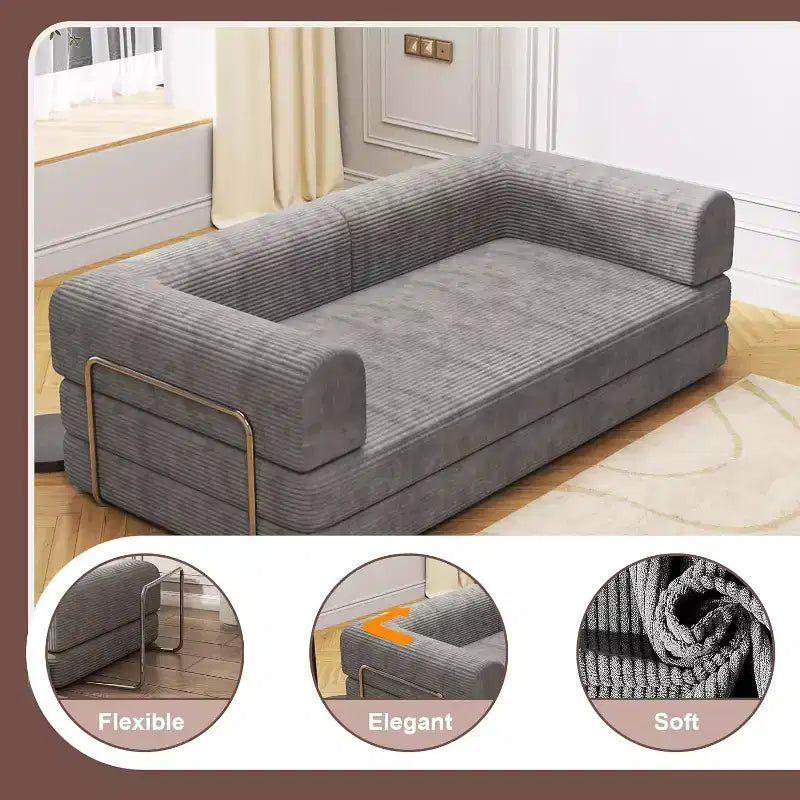 Sofá Cama Convertible de Pana, Colchón Plegable con Estructura de Forma Fija, Futón de 3 Plazas Tamaño King para Oficina en Casa