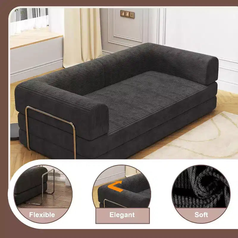 Sofá Cama Convertible de Pana, Colchón Plegable con Estructura de Forma Fija, Futón de 3 Plazas Tamaño King para Oficina en Casa