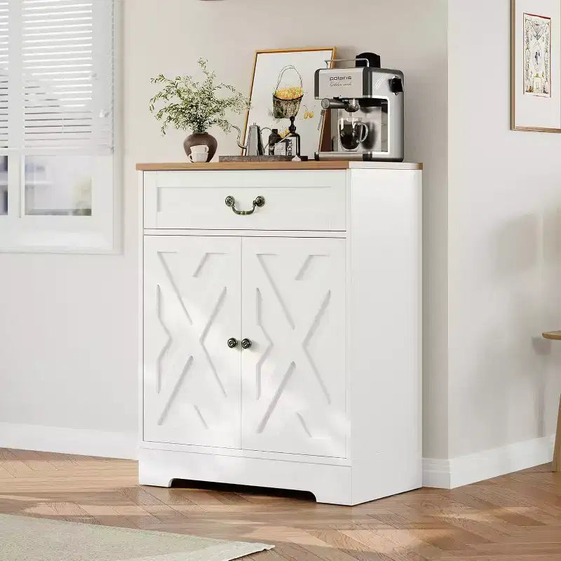 Kitchen Storage Cabinet,Farmhouse Sideboard Buffet Cabinet with Drawer & Adjustable Shelves, Dining Room Coffee Bar Organizer, White