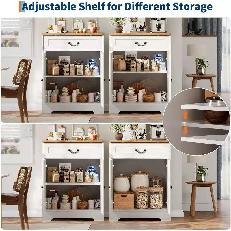 Mueble de almacenamiento de cocina, aparador rústico con cajón y estantes ajustables, organizador de barra de café para comedor, blanco