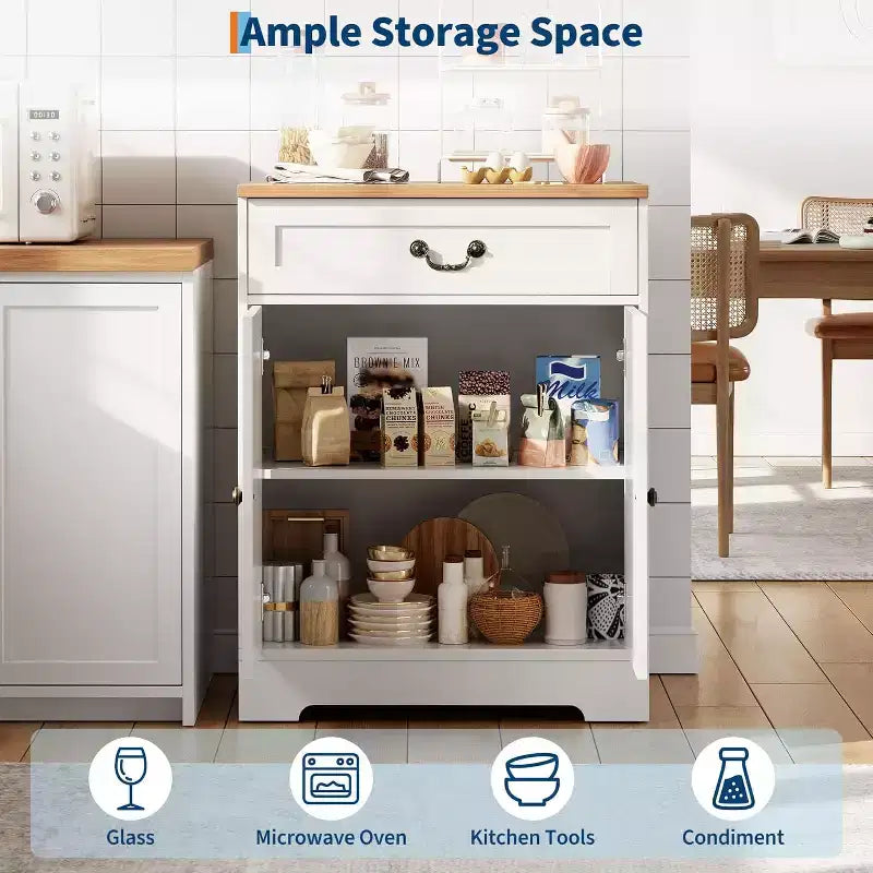 Mueble de almacenamiento de cocina, aparador rústico con cajón y estantes ajustables, organizador de barra de café para comedor, blanco