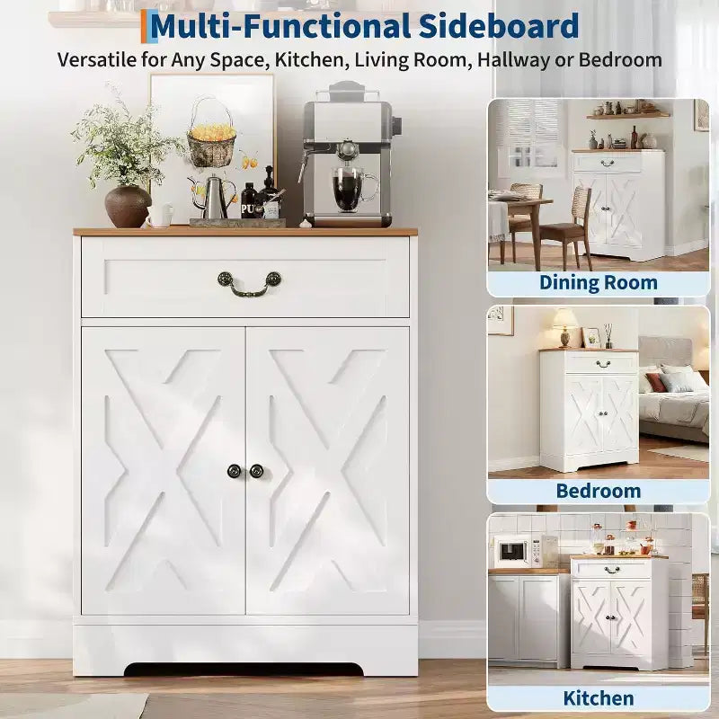 Mueble de almacenamiento de cocina, aparador rústico con cajón y estantes ajustables, organizador de barra de café para comedor, blanco