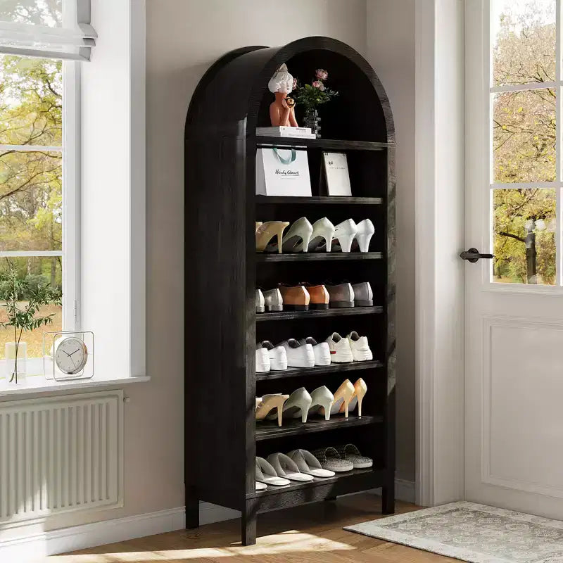 Armario Zapatero Alto de 180 cm con Arco para Entrada, Organizador de Zapatos de Madera de 7 Niveles con Estantes Ajustables, Vitrina Moderna para Pasillo o Dormitorio