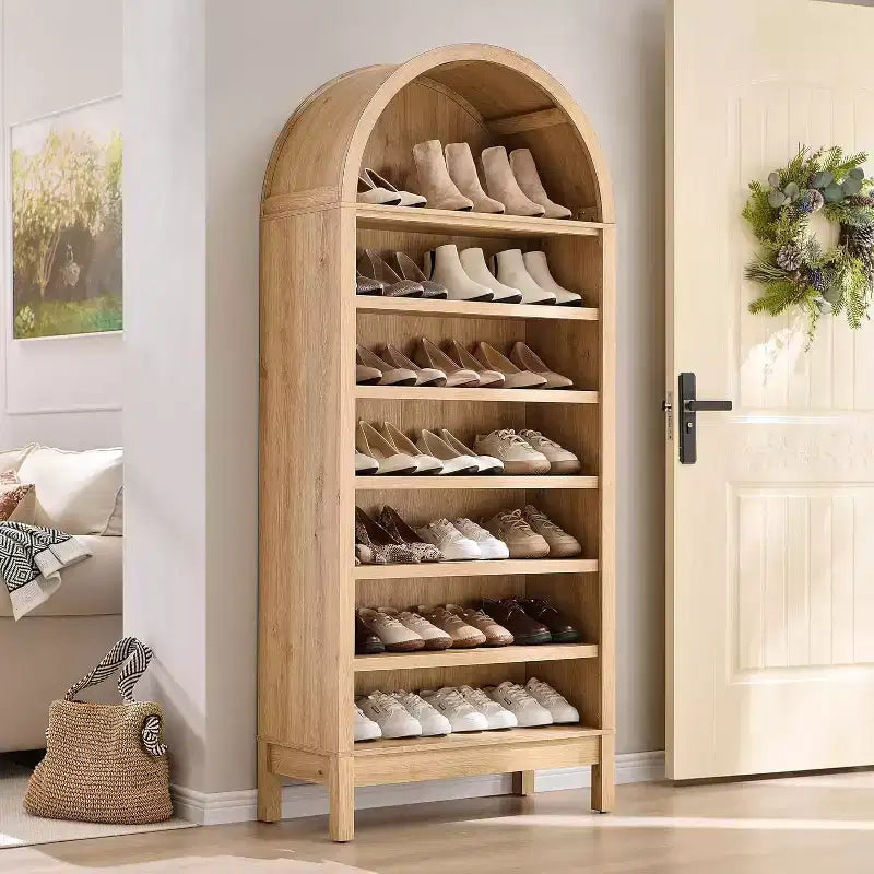 Armario Zapatero Alto de 180 cm con Arco para Entrada, Organizador de Zapatos de Madera de 7 Niveles con Estantes Ajustables, Vitrina Moderna para Pasillo o Dormitorio