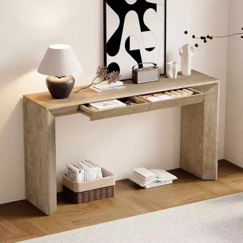 Mesa Consola de Madera con Cajones, Mesa de Entrada con Patas Engrosadas, Mesa de Pasillo Minimalista con Almacenamiento