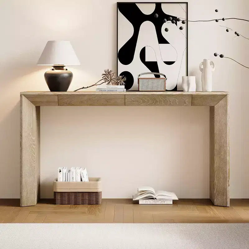 Mesa Consola de Madera con Cajones, Mesa de Entrada con Patas Engrosadas, Mesa de Pasillo Minimalista con Almacenamiento