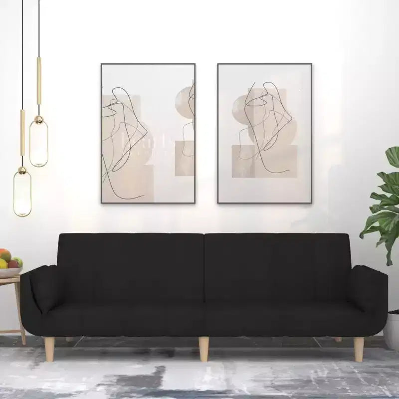 Sofá cama de 2 plazas con dos almohadas de tela negra