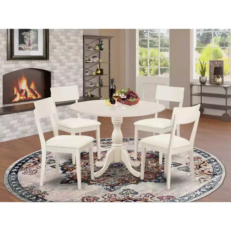 Juego de comedor de 5 piezas con tapa de madera maciza en acabado blanco lino con 4 sillas, respaldo de celosía con alas abatibles