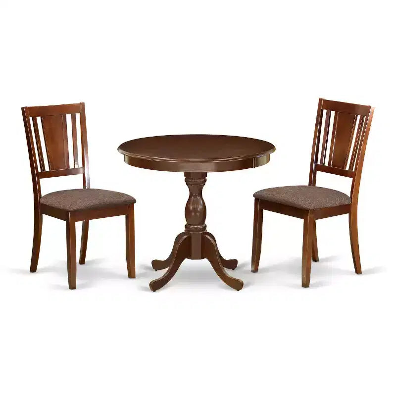 3-Piece Mahogany Finish Solid Wood Top - Round Dining Room Set - Seats-4