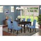 Juego de comedor de 7 piezas con mesa de madera maciza con acabado capuchino y 6 sillas